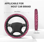 Leopard Print Pink Steering Wheel Cover 15 Inch +2 Pieces Car Coasters | Universal Anti-Slip Breathable Cheetah Print hot Pink Car Wheel Cover for Women Men