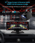 Portable Apple Carplay Screen, 10’’ Car Stereo Wireless Car Play & Android Auto Touch Screen, 4K Dash Cam, 1080P Backup Camera, Mirror Link/Voice Control/Music Play/GPS Navigation