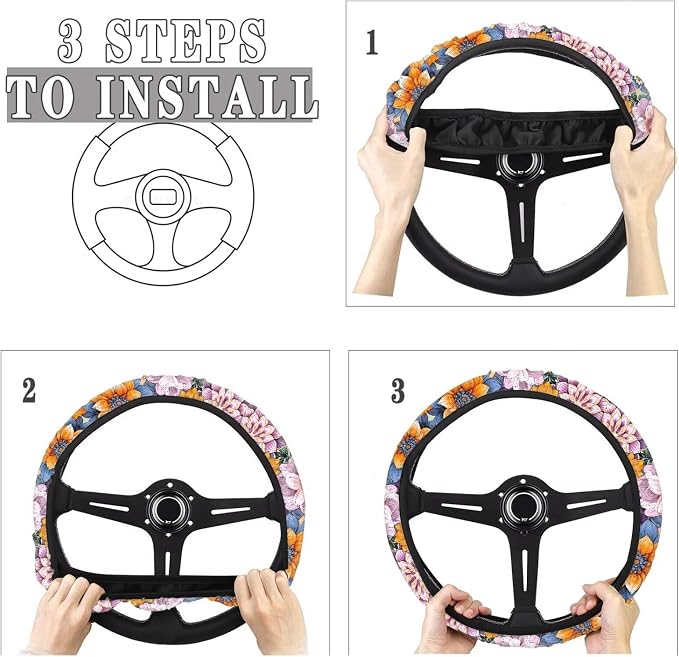 Sports Style Car Steering Wheel Cover Colorful Bohemian Flower Pattern Auto Wheel Cover for SUV Van Car Truck Vehicle Wheel Protector Steering Wheels Accessories