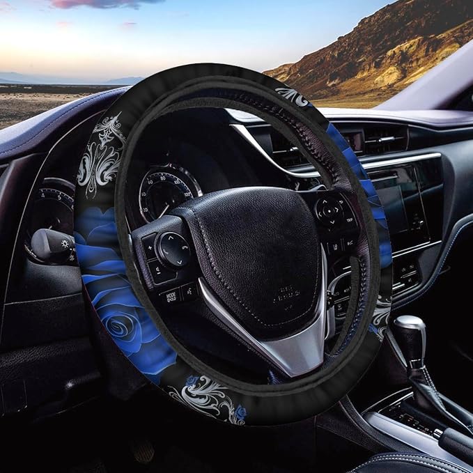 Car Steering Wheel Covers Universal 15 inch Fit Almost Car Blue Rose Steering Wheel Covers Comfortable Soft Sweat Absorbing Steering Wheel Stretch-on Protector Cover Auto Decoration
