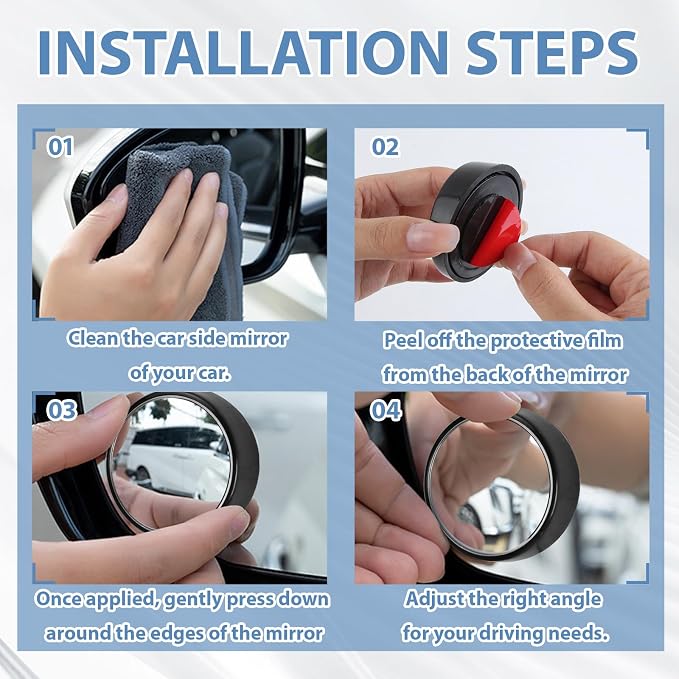 Blind Spot Mirror, HD Glass & ABS Housing, 360° Adjustable Convex Wide Angle Rear View Mirror, Stick-On Universal Fit for Car SUV Truck RV Van, Black (4, Round, Black Stick)