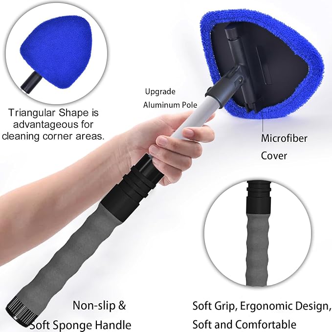 Windshield Cleaning Tool, Car Window Cleaner Windshield Cleaner with 4 Reusable and Washable Microfiber Pads and Extendable Handle Auto Inside Glass Wiper Kit
