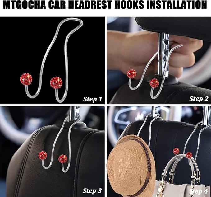 Bling Purse Hook for Car Headrest, Upgraded Cute Car Seat Hooks for Bag Handbag, Durable Stainless Auto Purse Hanger Holder 2 Pack, Red