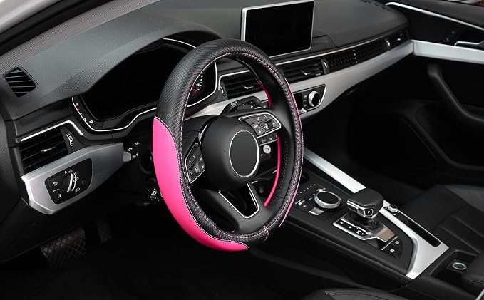 Microfiber Leather Auto Car Steering Wheel Cover, Universal Fit 15 Inch Anti-Slip Wheel Protector, Pink