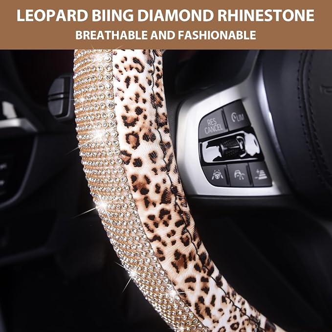 Leopard Print Steering Wheel Cover - Bling Crystal Rhinestones Cheetah Print on PVC Leather Non-Slip Breathable Design for Women/Girls Universal Fit 14.5-15 Inch