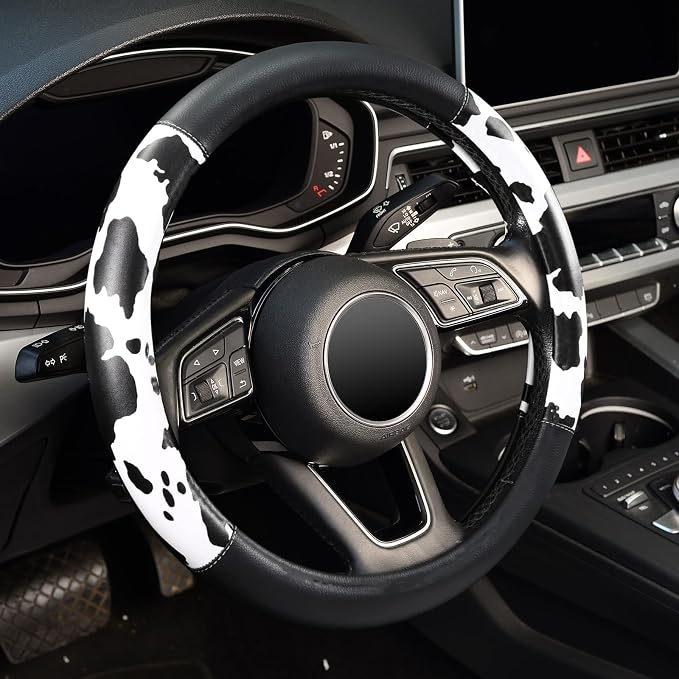 16 inch Steering Wheel Cover Cow Print, Breathable Microfiber Leather Compatible Large-Size for F150 F250 F350 Ram 4Runner Tacoma Tundra Range Rover Model Car Accessories for Women Men