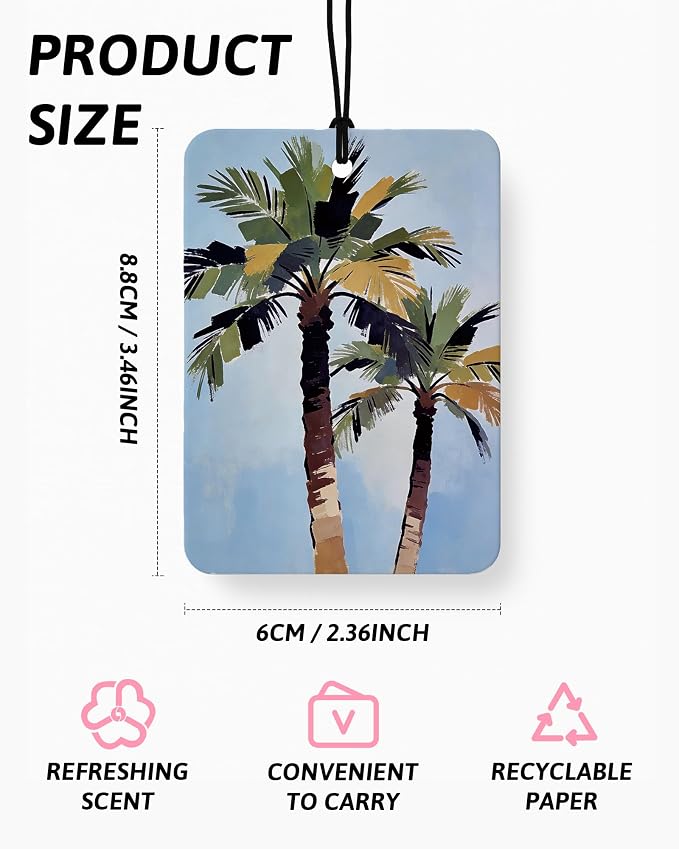Coastal Summer Beach Car Air Freshener 4 Pcs Coconut Scented, Tropical Palm Tree Ocean Car Accessories Mirror Decor for Women, Girly Beachy Hanging Air Freshener for Cars Closet Drawer Books