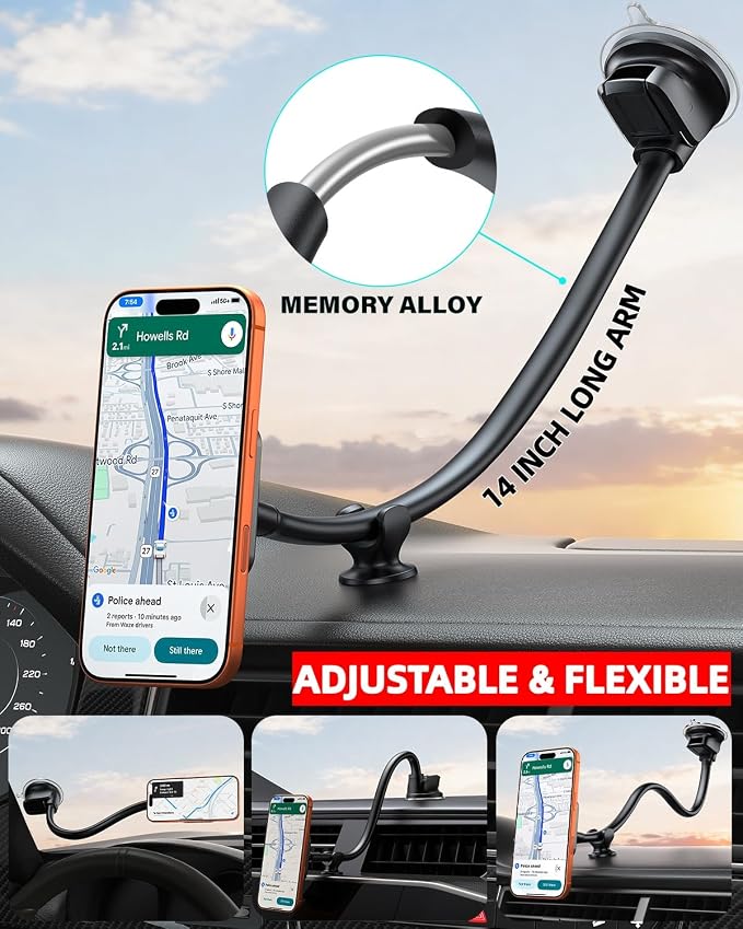 for Magsafe Car Phone Mount 14-Inch Gooseneck Long Arm Extension, Universal Windshield Dashboard Industrial-Strength Suction Cup Car Phone Holder with Strong Magnets (2026 Upgraded for Magsafe)