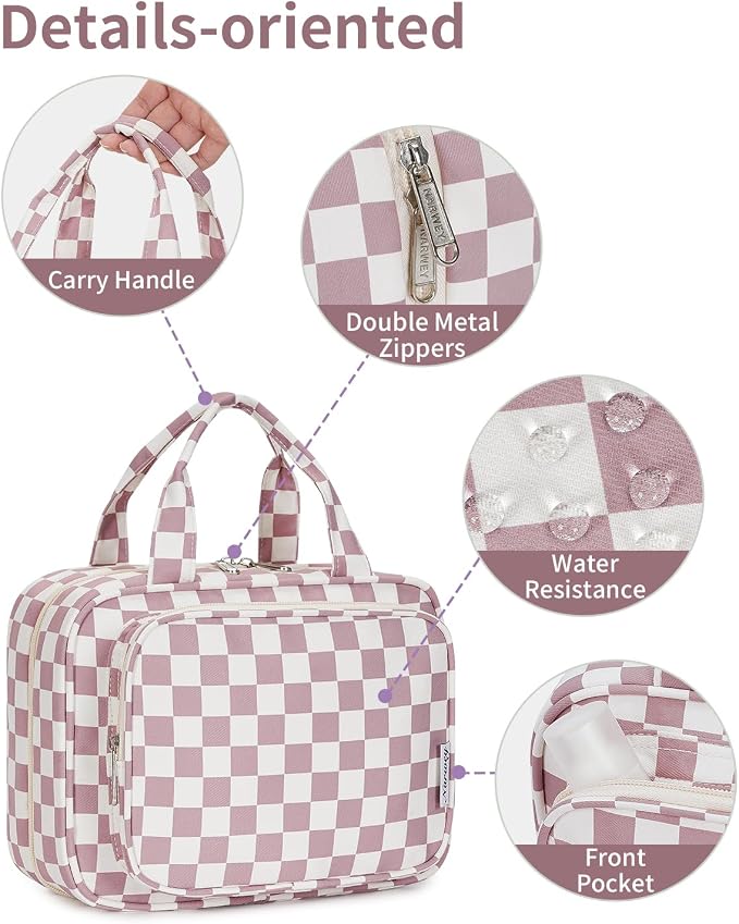 Travel Toiletry Bag for Women Large Hanging Makeup Bag Organizer Toiletries Bag for Full Size Essentials Accessories Cosmetics (Dusty Pink Checkerboard (Large))