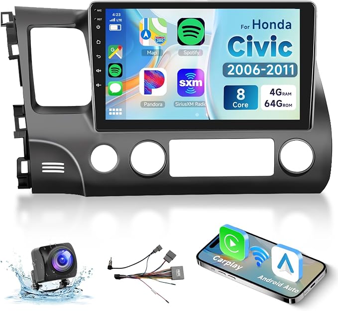 8 Core 4G+64G Car Radio for Honda Civic 2006 2007 2008 2009 2010 2011, Wireless Carplay Android Auto Car Stereo, 10.1” IPS Touchscreen with WiFi, GPS, Bluetooth,FM/RDS, 32EQ DSP, Rear Camera