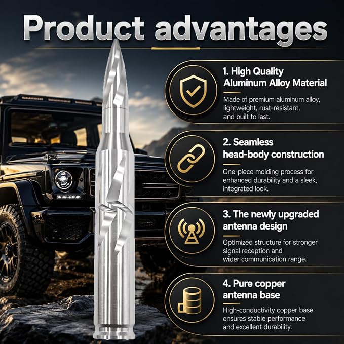 5.5 Inch Bullet Silver Spiral Truck Antenna, Rustproof Aluminum Alloy Short AM FM Radio Antenna, Easy Install OEM Replacement Antenna for Ford F Series, Dodge RAM, Chevy Silverado GMC Pickup Truck