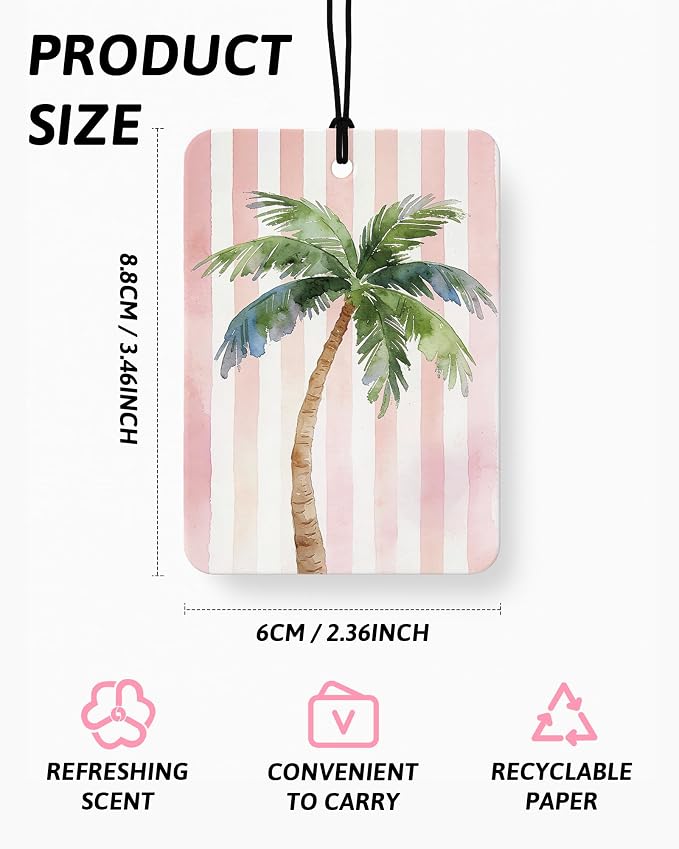 Pink Coastal Beach Car Air Freshener 4 Pcs Coconut Scented, Preppy Palm Tree Sunglasses Car Accessories Mirror Decor for Women, Girly Beachy Hanging Air Freshener for Cars Closet Drawer Books