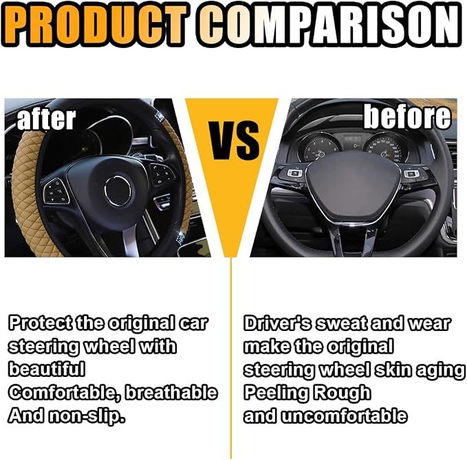 15 Inch Bling Soft Leather Car Steering Wheel Cover, Beige | Colorful Rhinestones Design, Auto Elastic Protector for Women Girls, Crystal Diamond Car Accessories for Most Cars, SUVs