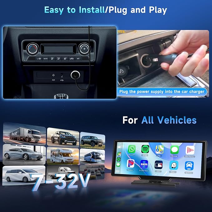 10.26" Touchscreen Wireless Carplay Portable Car Stereo Android Auto, Car Play Navigation, Voice Control, Bluetooth/AUX/FM, Car Radio Receiver