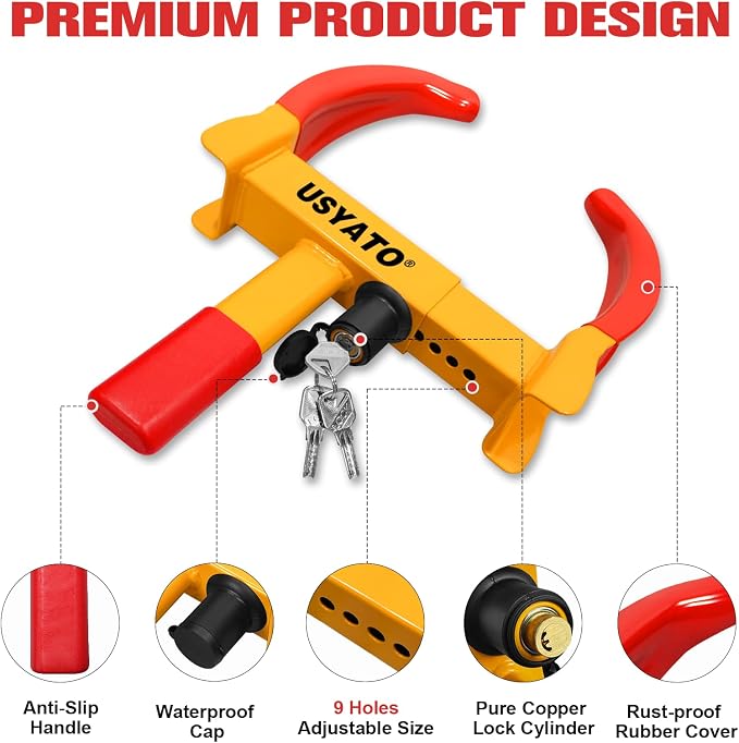 2Pcs Universal Heavy Duty Wheel Lock - Anti Theft Trailer Lock & Car Boot, Adjustable Security Tire 11.4" for Trailers, Cars, Golf Cart, ATV, SUV, RV, Boat, Camper, Motorcycle,6 Keys,Yellow+Red