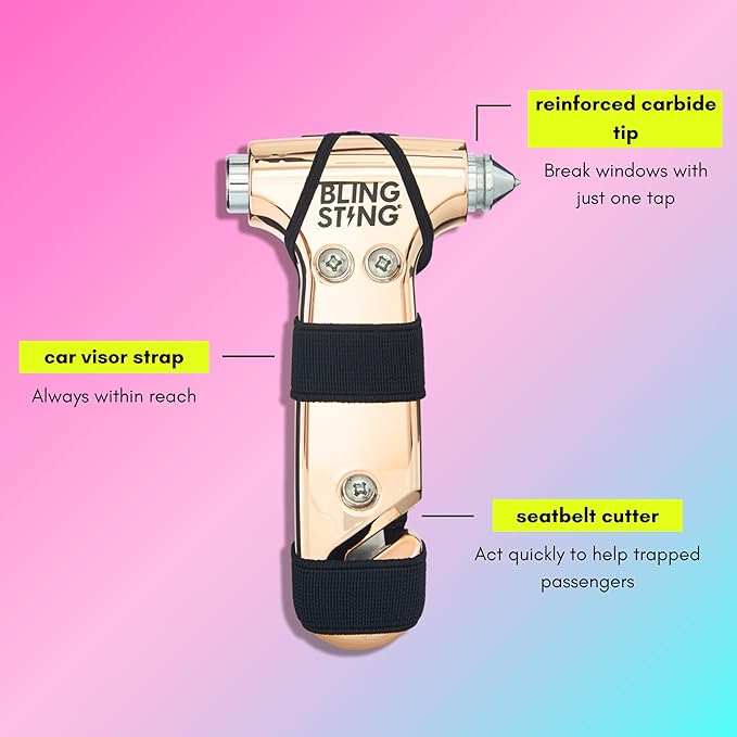 Safety Hammer - Emergency Automotive Escape Tool with Window Breaker, Seat Belt Cutter & Adjustable Car Visor Strap - Tempered Glass Breaker - Steel Blade - Rose Gold (1 Count)