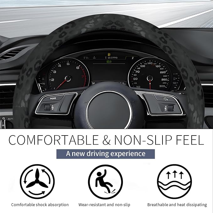 Steering Wheel Covers for Car, Truck, and SUV, Cute Non-Slip Breathable Elastic Steering Wheel, Car Accessories, Universal 15 Inch Leather Cover for Men Women Black Leopard Print