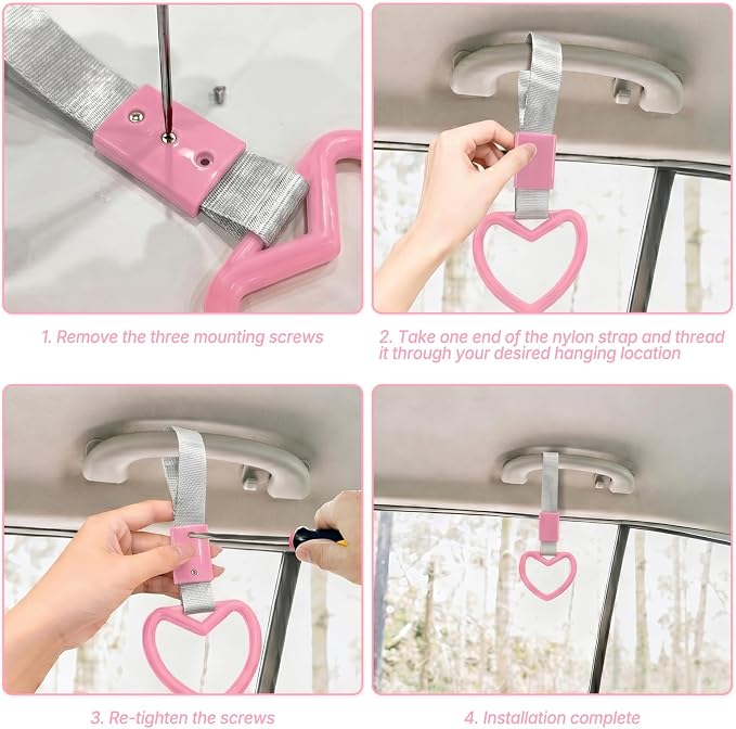 2 Pcs Heart Shaped Car Handle Strap – JD M Drift Charm Rear Bumper Warning Ring Decor for Car Interior Exterior, Subway Bus Handle Accessory, Cute Heart Car Decor Gift for Drivers (Pink-Silver)