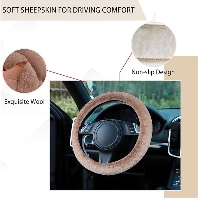 Fuzzy Steering Wheel Cover, 15 inch Soft Wool Fur Steering Wheel Protector, Fluffy Wheel Covers for Winter Warm, Car Interior Decoration Accessories for Women Men (Light Brown)