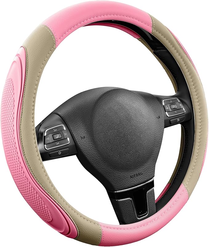 Car Steering Wheel Cover - Microfiber Leather Steering Wheel Wrap Sports 14.5-15 Inch Steering Wheel Cover Non-Slip for Men Women Pink & Beige Color