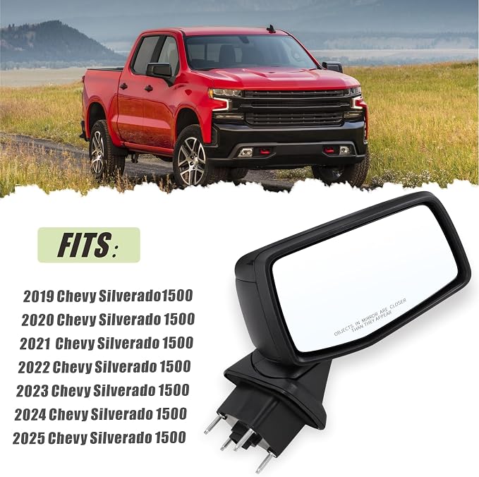 Right Passenger Side Mirror Compatible with 2019 2020 2021 2022 2023 2024 2025 Chevy Silverado 1500 With Temperature Sensors Black Replace#GM1321582(2Pins)