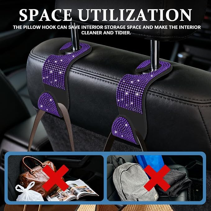 4PCS Bling Car Seat Headrest Hooks, Purse Holder for Car, Vehicle Back Seat Purse Handbag Hanging Holder with Crystal Rhinestone, Diamond Car Rear Seat Organizer for Vehicles (Purple)