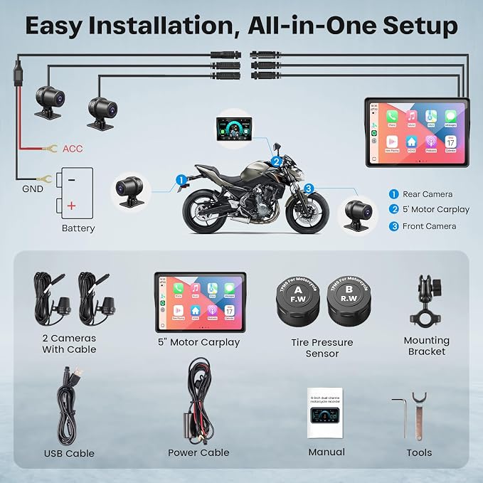 Motorcycle CarPlay Screen with Android Auto – 5” Waterproof GPS, Pantalla para Moto, Apple CarPlay, Navigation System for Motorcycle, Dual 2K Dash Cam Bluetooth Audio & TPMS (No SD Card)