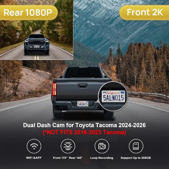 Front 2K+Rear 1080P Dash Cam Adapts for Toyota Tacoma & Hybrid 2024-2026, OEM Look, Dual HD Video, WiFi & APP, Loop Recording, Graivity Sensor, Night Vision, Easy to Operate, 64GB Card