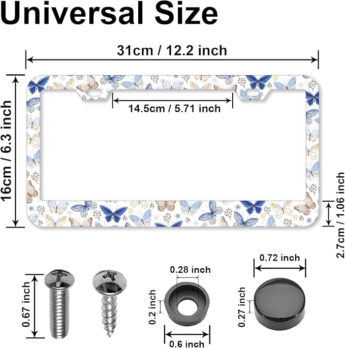 Butterfly License Plate Frames，Butterfly Car Accessories for Women and Men ，Cute License Plate，Aluminum License Plate Frame Fits Standard US Vehicles Size 12.2 x 6 Inch (White-Butterfly)
