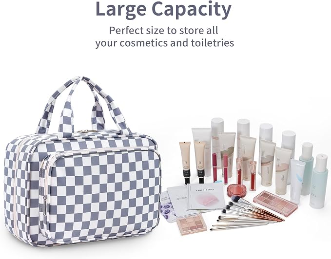 Travel Toiletry Bag for Women Large Hanging Makeup Bag Organizer Toiletries Bag for Full Size Essentials Accessories Cosmetics (Grayish Blue Checkerboard (Large))