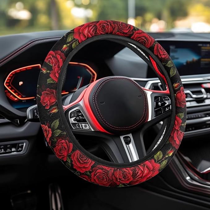 14-15 in Car Steering Wheel Cover Stretch-on Comfortable Grip | Universal Fit Most Car Sedans SUVs, Red Rose Print, Breathable Steering Wheel Protector
