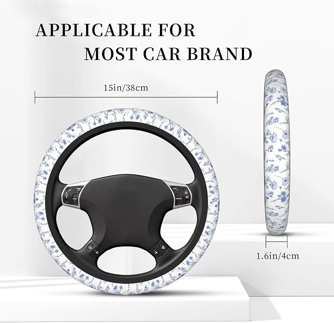 Flowers Blue Steering Wheel Cover - Watercolor Blue Flowers Steering Wheel Cover Anti-Slip Universal Breathable 14-15-in 2 Car Cup Coasters for Men Women