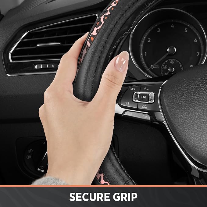 Steering Wheel Cover - Flat Bottom Wheel Cover Made with PVC Leather and Pink Leopard Fabric - Universal Fit for 15-Inch D-Shaped Automotive Steering Wheels (Pink Leopard)