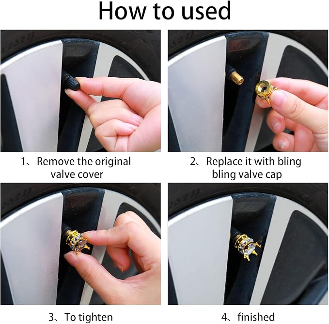 4 Pieces Crown Tire Valve Stem Caps Bling Handmade Crystal Rhinestone Universal Chrome Crown Vehicle Car Tire Caps Covers, Attractive Accessories for Car (Gold and White)