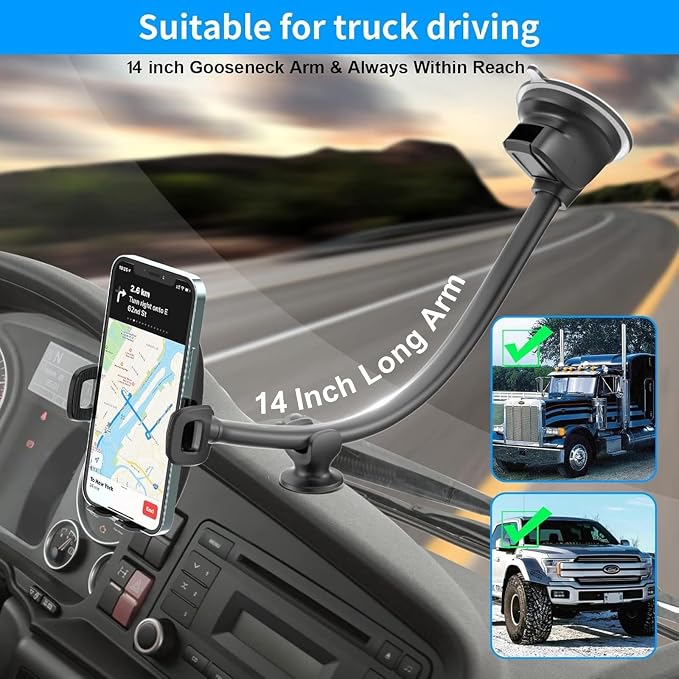 14'' Gooseneck Car Phone Holder,Heavy Duty Phone Holder for Truck, [Flexibile Long Arm] [Anti Shake stabilizer] Windshield Car Phone Mount Suction Cup,Fit for iPhone, Samsung (Mirror Black)