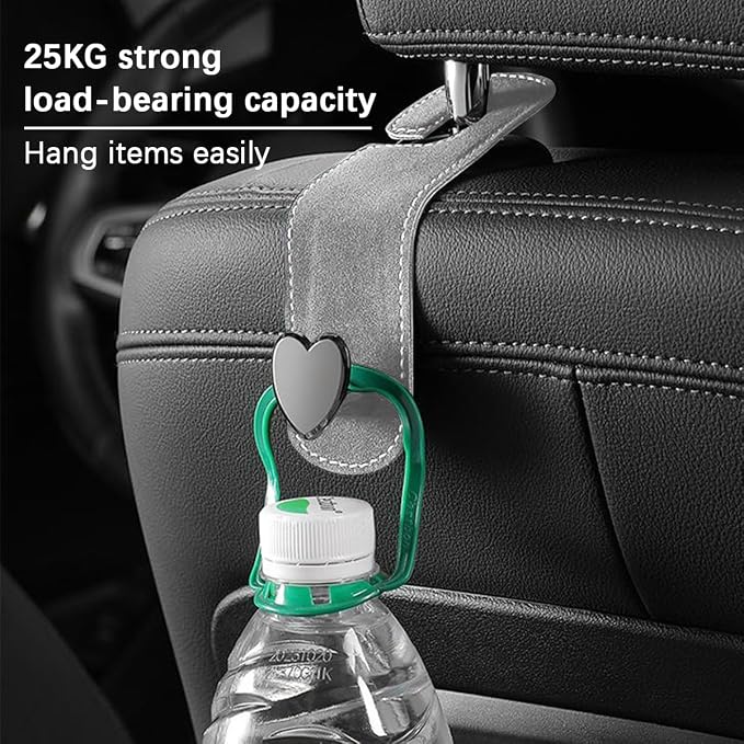 2PCS Car Seat Headrest Hook, Suede Leather Heart Hanger, Gray | 1.77x6.42 Inch, Universal fit, most Sedans/SUVs/Trucks, alloy core, half-open mount, interior accessories