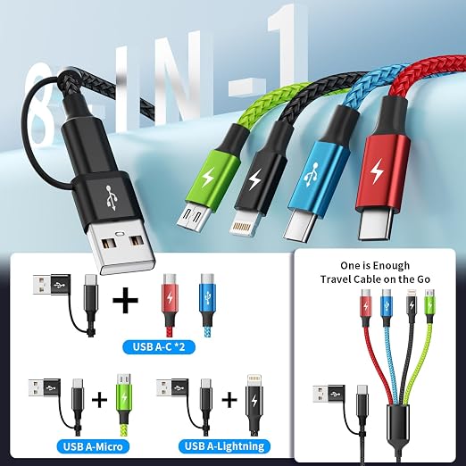 Travel Essentials 4 in 2 Multi Charging Cable [3Pack 5FT], Car Accessories Charging Cable, Chargers for Multiple Devices ith IP/Type C/Type C/Micro, Compatible with Most Phones/Tablets and More