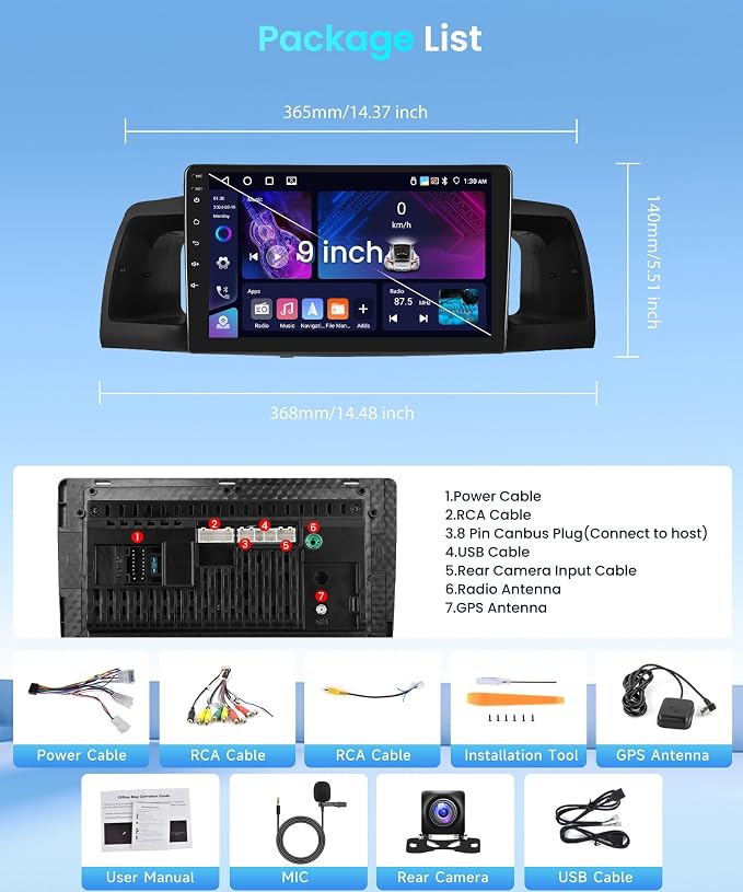 4+64G Car Radio Stereo for Toyota Corolla EX Screen 2007-2012 Android Wireless CarPlay Android Auto,9" IPS Touchscreen Car Stereo BT5.0, GPS,WiFi,SWC,59UI,32EQ AI DSP+Backup Camera for Corolla Radio