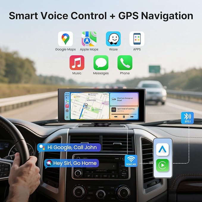 Wireless Car Play Screen, 10.26'' Monitor with Apple Carplay & Android Auto, 4K Portable Smart Touch Tablet Stereo Multimedia Dashboard, Bluetooth/FM/GPS/AUX