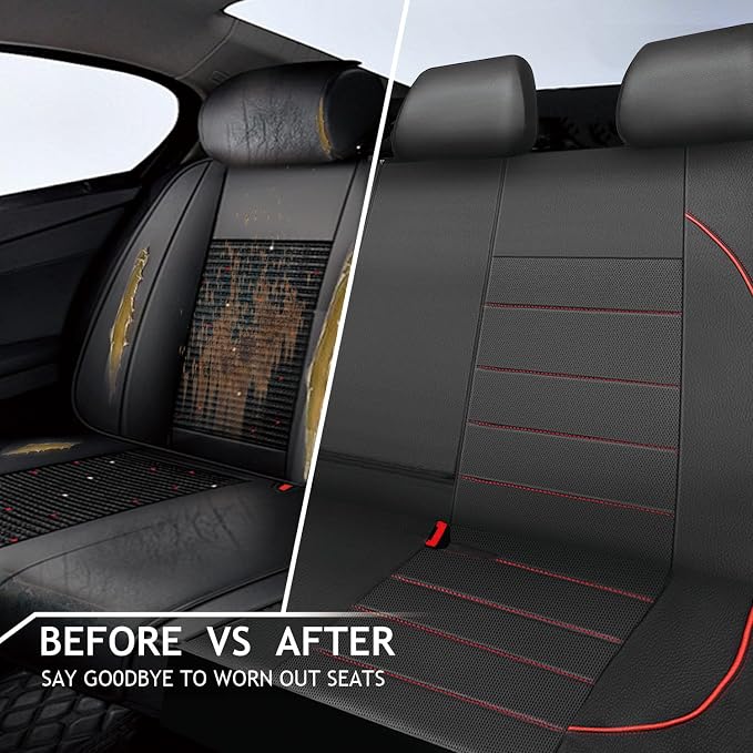 Leather Back Seat Cover,Piping Waterproof Bench Seat Cover, Rear Seat Cover Universal Fit for Cars Sedans SUVs Truck 95% Automotive Interior Backseat Car Covers (Rear,Black and Red)