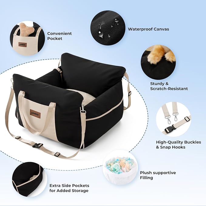 Dog Car Seat for Small Dogs - Waterproof Pet Booster Seat for Car with Clip-On Safety Leash, Travel Carrier for Medium Puppy up to 25 lbs, Adjustable Buckles, Black
