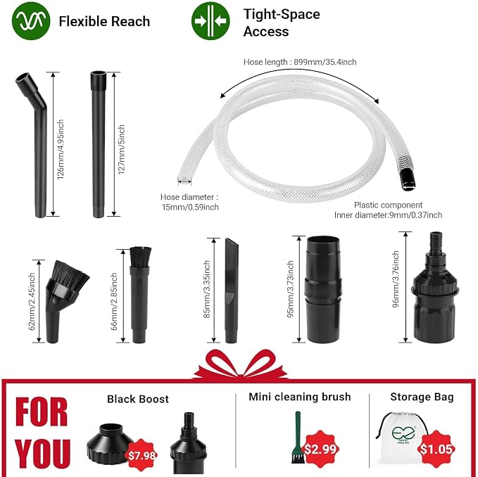 Crevice Attachment Kit, Compatible with 1-1/4 Inch Vacuum,Micro Cleaning Tools for Keyboard, Crevice, Car, Vents & Tight Spaces, Woodworking,Pet Cleaning, with Storage Bag+Boost Suction