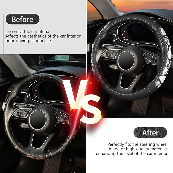Snake Skin Leather Steering Wheel Cover,Black and White Animal Fur Car Accessory Steering Wheel Cover,Universal 14.5-15inch,Anti-Slip Car Steering Wheel Protector for Women Men