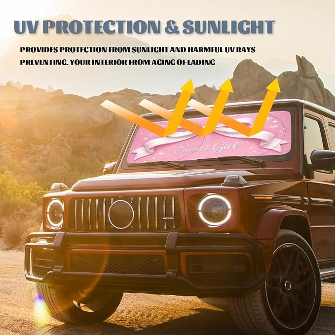 Cute Car Windshield Sunshades Pink Ribbon Sweet Coquette Aesthetic Kawaii Front Window Sun Shade Rays Sun Shade Visor Protector for Car Sedan Truck SUV Accessories 59" L x 31.5" W