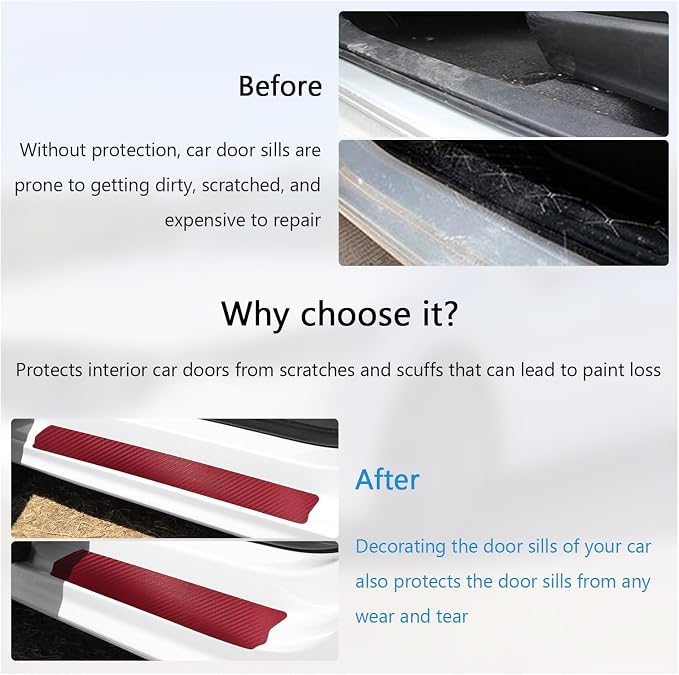 4 PCS Car Door Sill Protector, 3D Carbon Fiber Auto Door Entry Edge Guard Protection Trim, Anti-Scratch Threshold Cover Strips, Sill Protection Sticker for Car SUV Truck (Red)