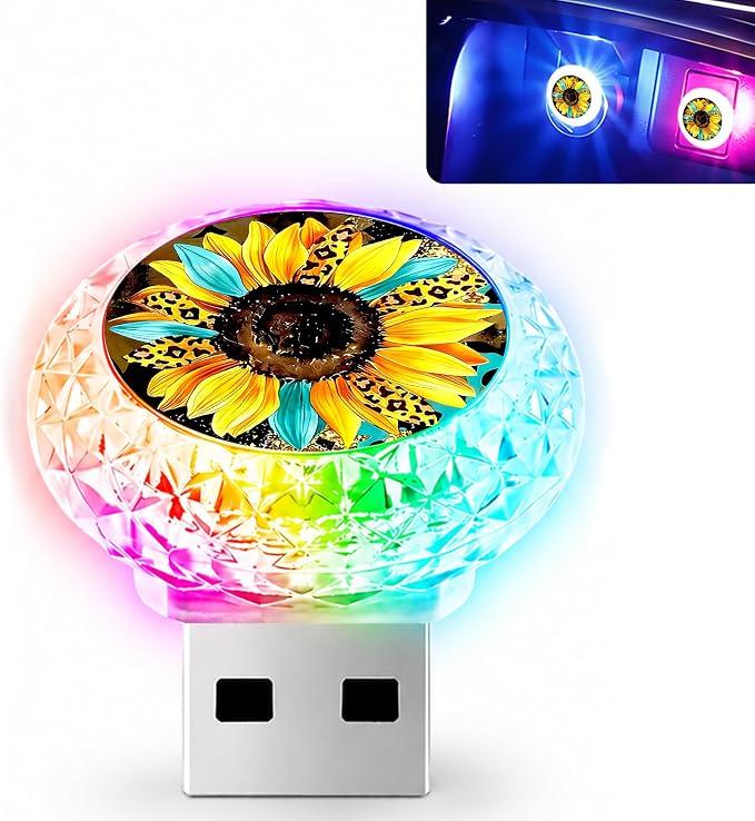 Leopard Sunflower USB LED Car Portable Multi-Color Atmosphere Lamp | Portable Mini LED Night Light Auto Ambient Lighting, Universal Vehicle Bedroom Decor Car Accessories Gifts for Women Men