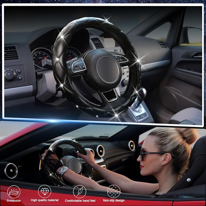 Steering Wheel Cover, Auto Cute PU Diamond Bling Breathable Soft Comfort Leather Car Interior Accessories Sparkly Fit Most O-Shaped Steering Wheels for Women Men (Black-Bling)
