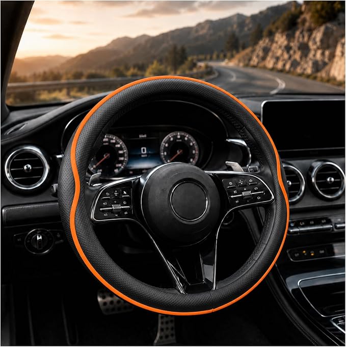 Car Steering Wheel Cover Full Surround - Soft Breathable Anti-Slip Heavyweight Safety Cover, Thick Cushioned Sports Style Universal Fit for Auto Truck SUV (Black/Orange)
