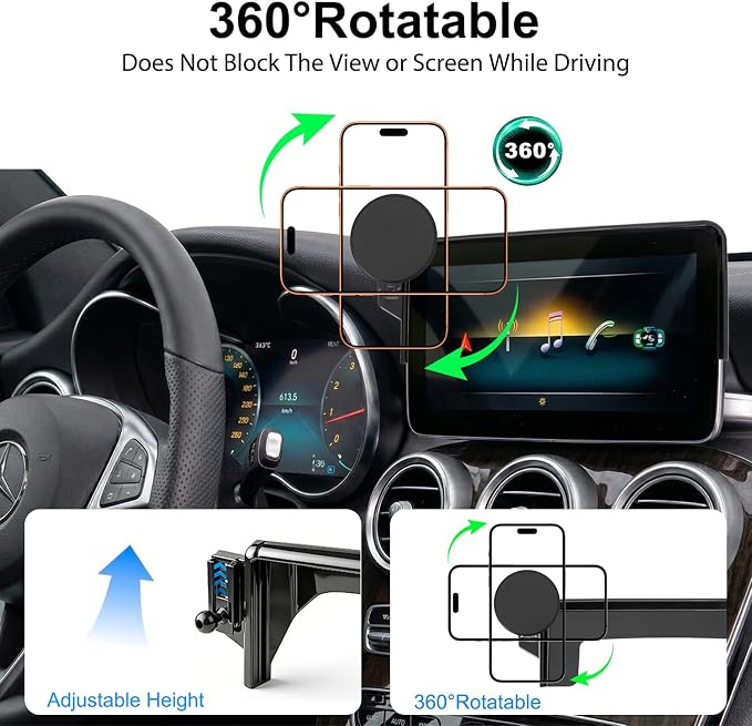 Car Phone Holder for Mercedes-Benz 2016-2019 GLC & 2015-2018 C-Class, 7-Inch Center Screen – Precision Fit, Strong Magnet, OEM-Style, No View Obstruction Phone Mount Compatible with MagSafe