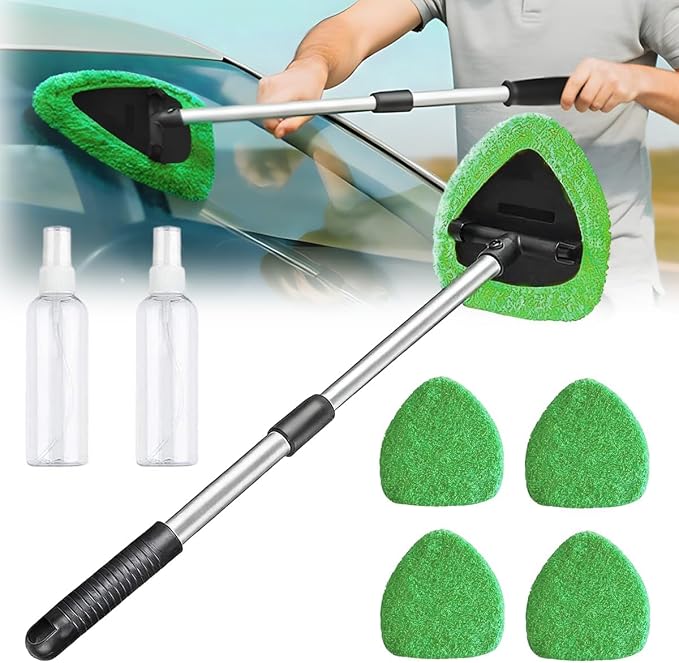 Car Windshield Cleaning Tool Set, Interior Exterior Auto Glass Cleaner Kit with Detachable Handle, 4 Reusable Microfiber Pads, Extendable Wiper Brush for Cars Trucks Home (Green)